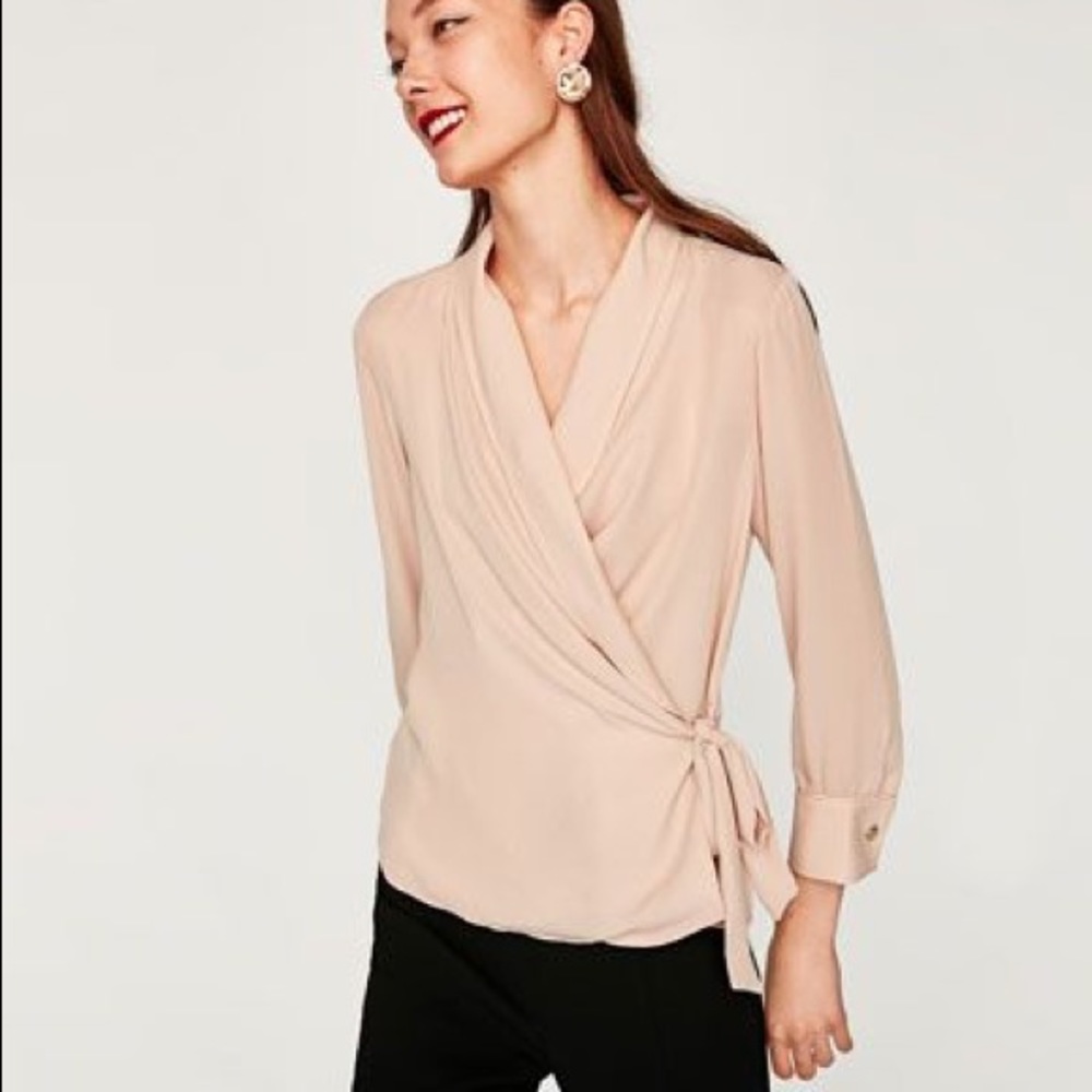 NWT Zara blush wrap blouse with tuxedo collar XS